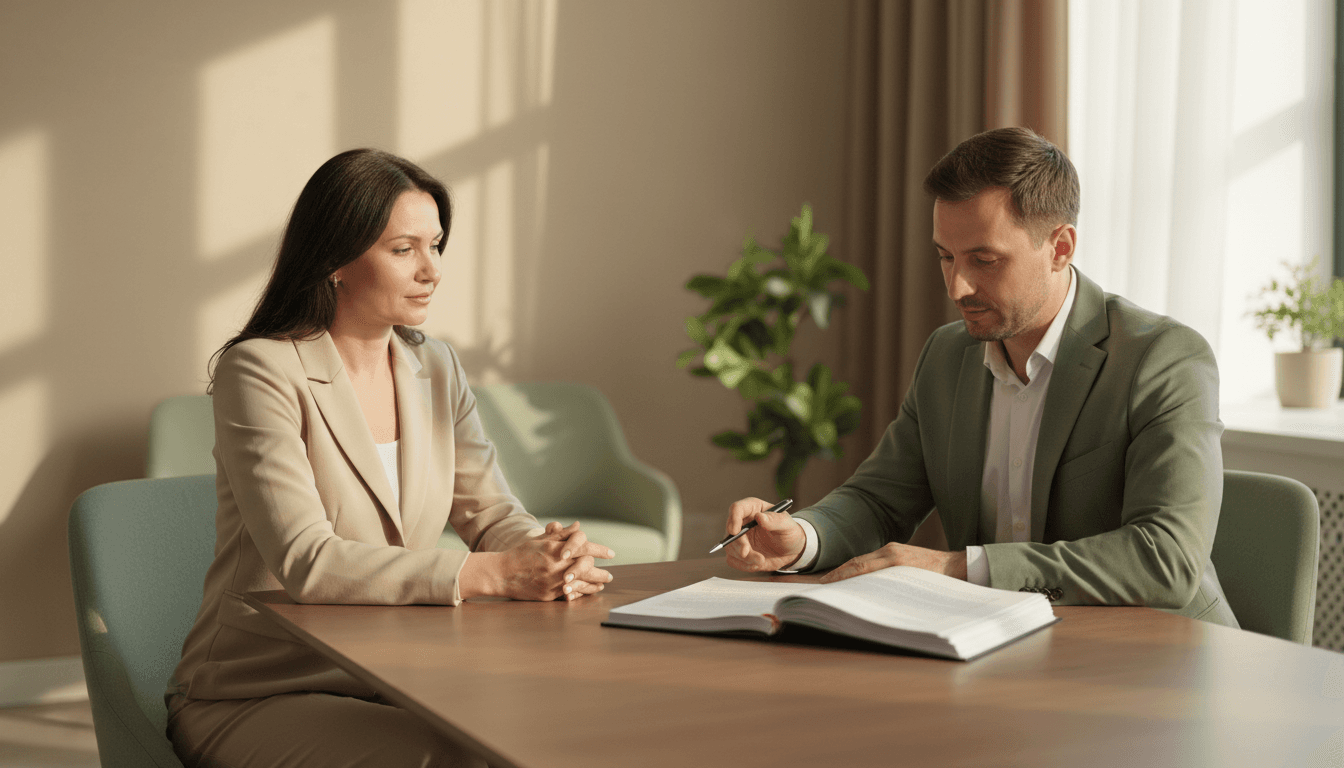 Pareja revisando documentos de divorcio con un abogado en un estudio tranquilo