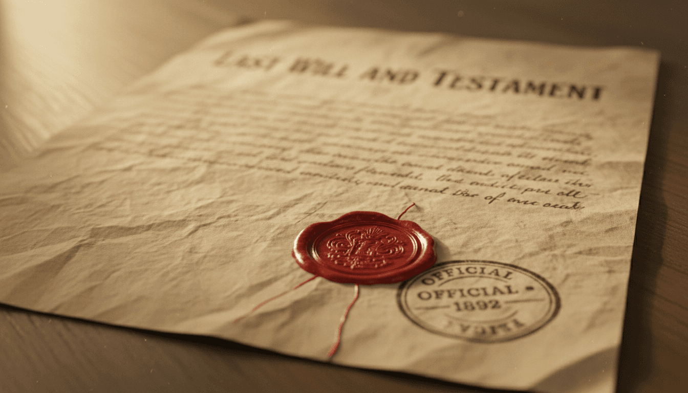 Testamento antiguo con sello de cera sobre madera