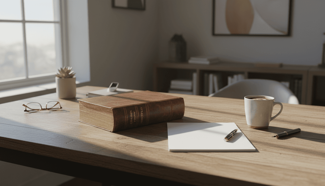 Escritorio con libros de derecho y un cuaderno, luz natural suave