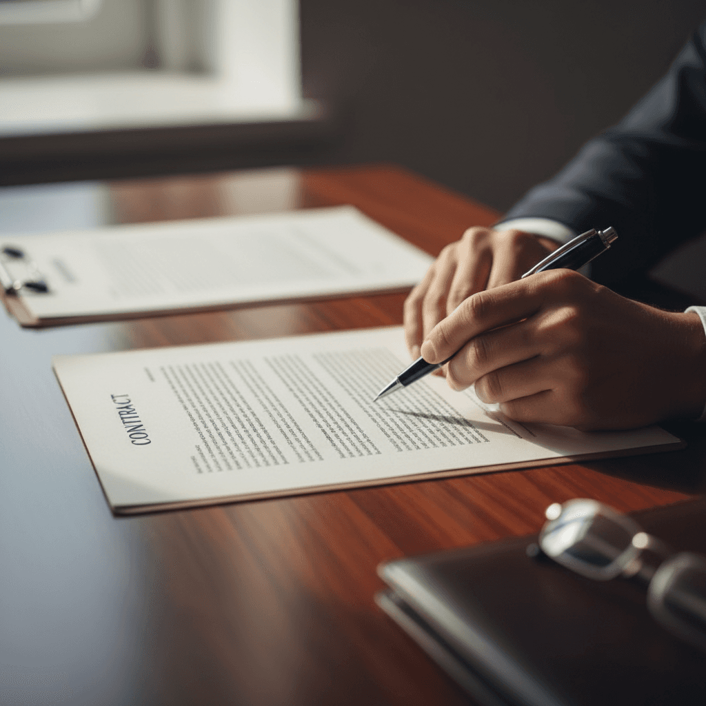 Lawyer's hands reviewing legal documents and contracts on wooden desk with natural light