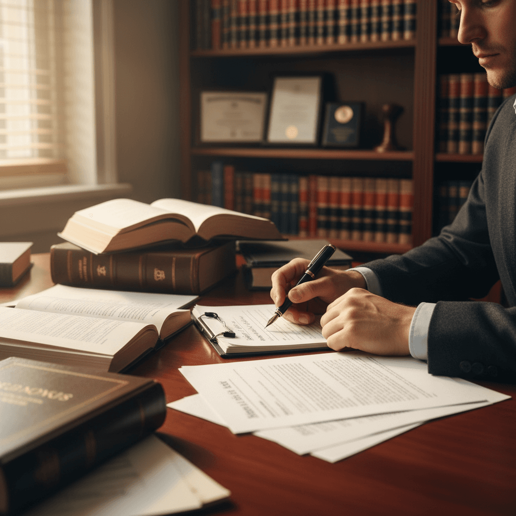 Attorney reviewing legal documents at desk with fountain pen, surrounded by case files and law books