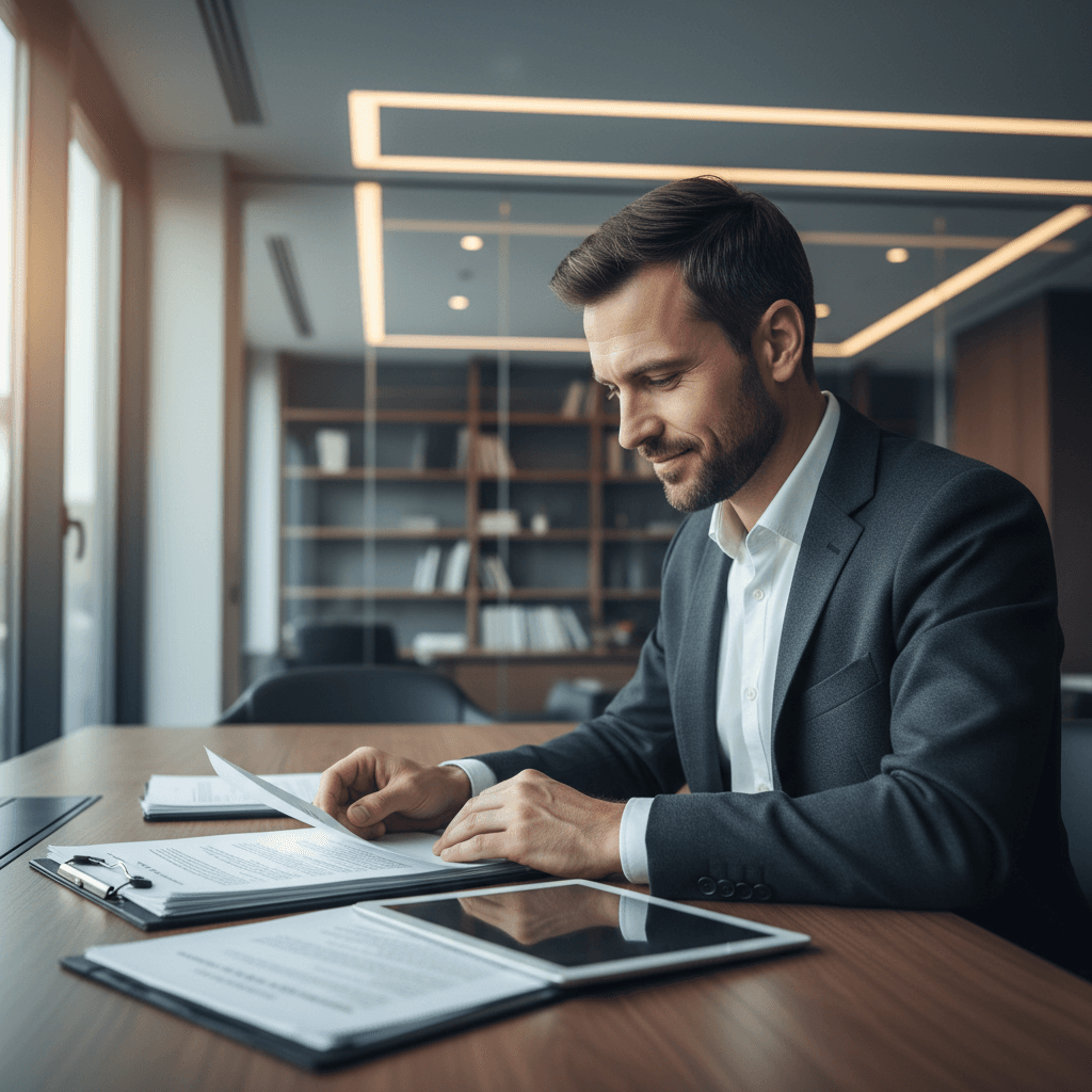 Abogado sentado en su escritorio con expresión seria y profesional